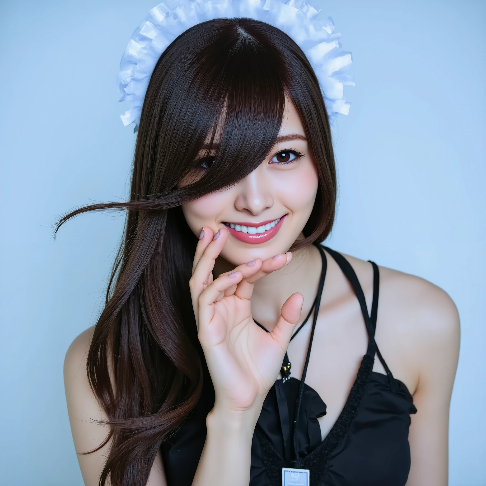 women with very long hair。, Shiny black hair dramatically flows sideways、against a pale blue background。.   smoothing hair  , straight, and well-groomed, Black maid outfit., makes you think of a sophisticated style。. The use of soft lighting、The shine and intricate details of the hair stand out。. The overall composition focuses on the hair。。。, the movement and texture of the hair is clearly captured。. The calm blue background enhances dark hair。, enhances the aesthetic appeal of the image、creates an atmosphere of serenity and elegance。. Hands close to the face、make you feel elegant、 Posing 。.with the surface of the water in the background、 her hair is wet from sweating 、perfect face detail
