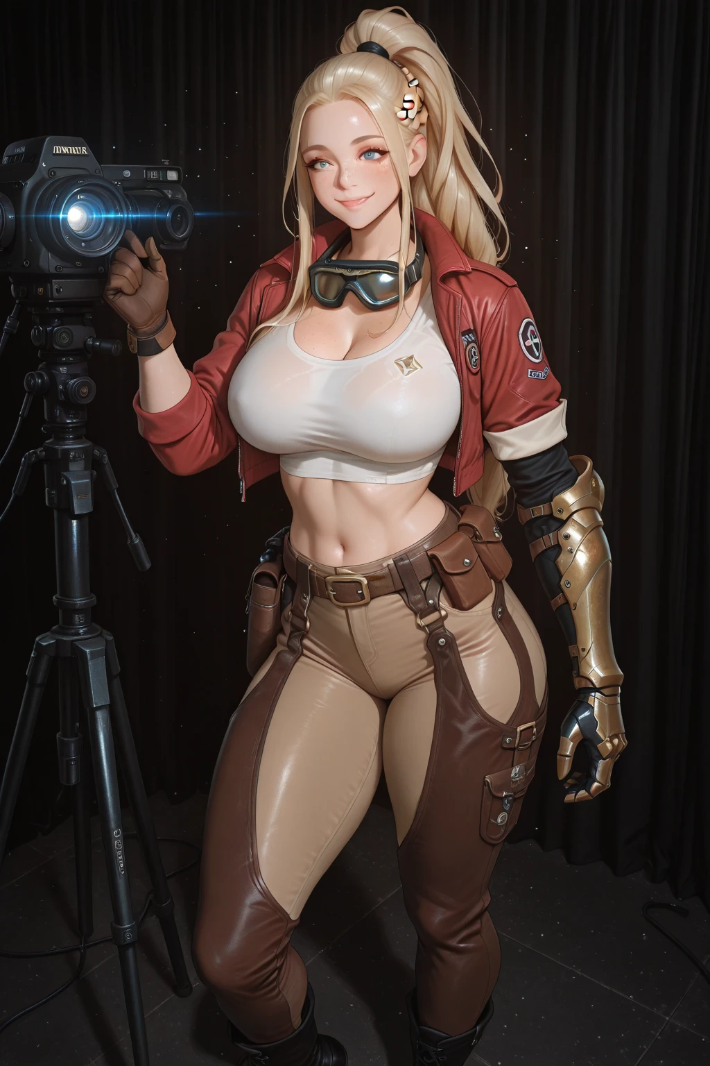 gwen tennyson,y'shtola rhul,tracer,yorha 2b,1girl,atelier ryza,overwatch,close up,mecha pilot,mountain view,tattoos, red and orange plugsuit,white short sleeve silk top,light gray cargo pants, uncovered belly,short hair,cute makeup, green eyes,dimensional golden hair,shy smile, freckles,beautiful girl,large breasts, ultra detailed,realistic,fantasy art,saiyan armor,monkey tail,steel armor,capsule corp,military uniform,ear piercings,hair pin,wet body,saiyan uniform,