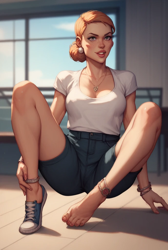 a masterpiece of、Top image quality、1人の女性、Beautiful woman sitting on the stairs、legs slightly open、Detailed facial expressions、Detailed eye、Detailed nose、Detailed lips、hugetits、Female proportions considered everywhere、Skyscraper District、Sunset between buildings、Large circular earrings