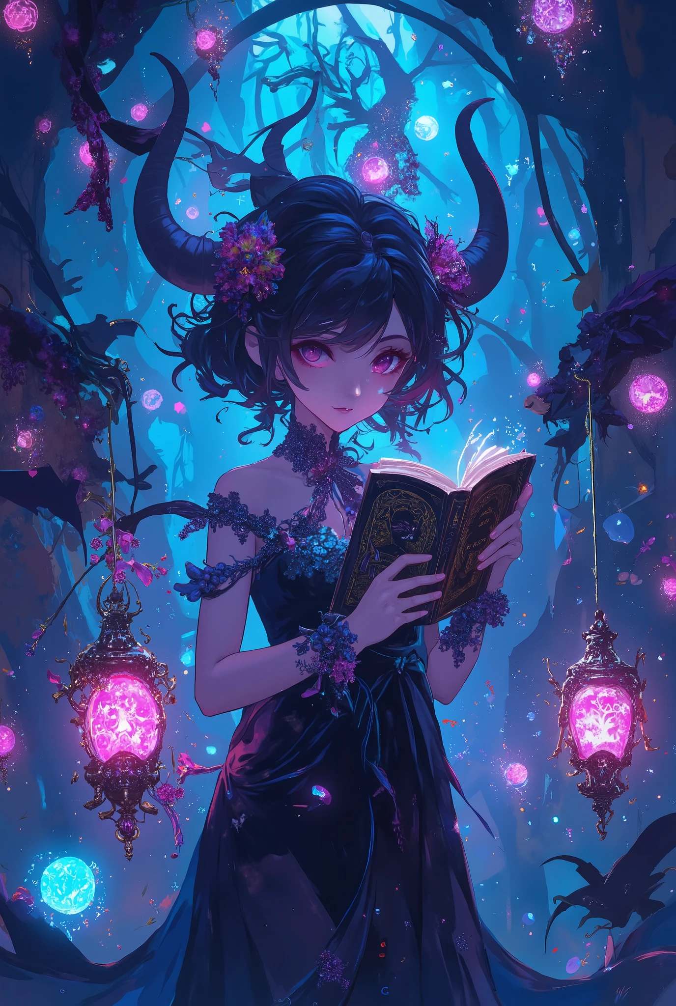 A devil's flower growing in the left eye, Girl Beautiful in a Velvety Dress, Seductive, в руке держит небольшую книгу заклинаний с вытянутыми немного листами из нее словно необузданная magic, gorgeous view of the bedroom In a residential area of, small lantern, chalk is drawn with chalk, a beautiful pentogram icon on the asphalt, ghosts fly, the otherworldly world and space, as if two worlds intertwine into one incredible scene, the magical stream of magic passes, masterpiece, better quality, High detail, clearly, intricate details,  8k resolution , Anime style, high quality, magic, magic, looks great, small fire bubbles,
