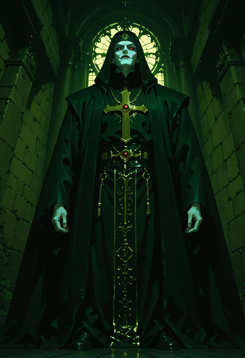 Priests of a sect, they wear a black cloak and hood, with inscriptions in gold on the edges, they have white skin, it is not possible to see their faces, they use a rustic and medieval lantern, rendered in the anime style 'vampire hunter d'blood lust' akira, anime background style [[low angle]], dark scenery white light coming from above, high contrast, 90s anime style', he is inside a dark castle with black sculptures and torches on the wall, dark and obscure castle, post-apocalypse scenery, low angle, 3 tone, cell tone, 90s anime