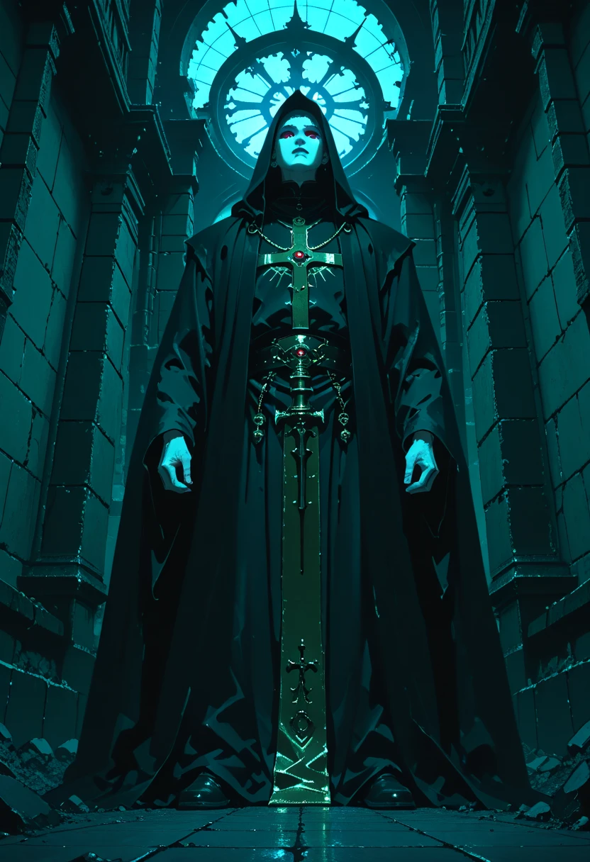 Priests of a sect, they wear a black cloak and hood, with inscriptions in gold on the edges, they have white skin, it is not possible to see their faces, they use a rustic and medieval lantern, rendered in the anime style 'vampire hunter d'blood lust' akira, anime background style [[low angle]], dark scenery white light coming from above, high contrast, 90s anime style', he is inside a dark castle with black sculptures and torches on the wall, dark and obscure castle, post-apocalypse scenery, low angle, 3 tone, cell tone, 90s anime