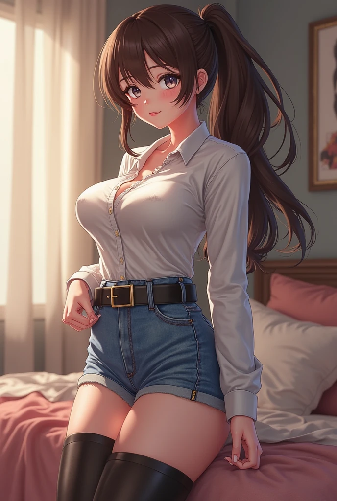 (masterpiece:1.2, highest quality), (Realistic, photoRealistic:1.4), Beautiful illustrations, (Natural Side Lighting, Cinema Lighting), Written boundary depth, Beautiful thighs staring at the viewer, (Face Focus, Upper Body), 1 female,20-year-old,alone,(With background:Hotel Rooms) , thin, slender, Long Hair, Curly Hair, A bun on top of the head, Forehead, Forehead, Forehead, thin, slender, belly button, large breasts, cleavage, big tits, sweater, jeans, Are standing, ((Close-up))