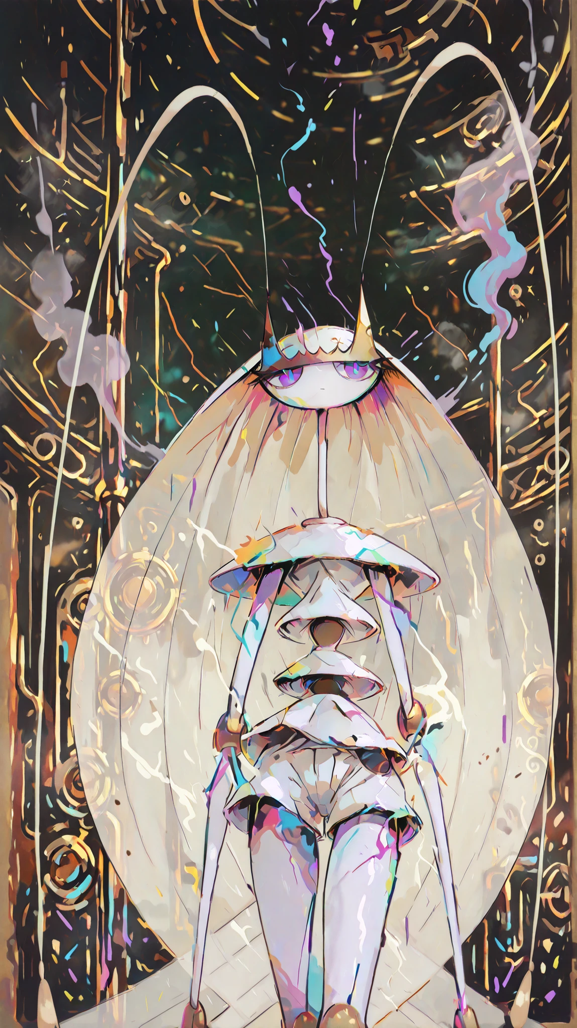 Pheromosa from Pokemon, White Body, (steam 
punk), Thin Waist, Very Thin Waist, Wasp Waist, Solo, Aerial View,vibrant colors, cel shading, Simplistic Art Style, looking at viewer, solo,((action:1.2)),((battle))