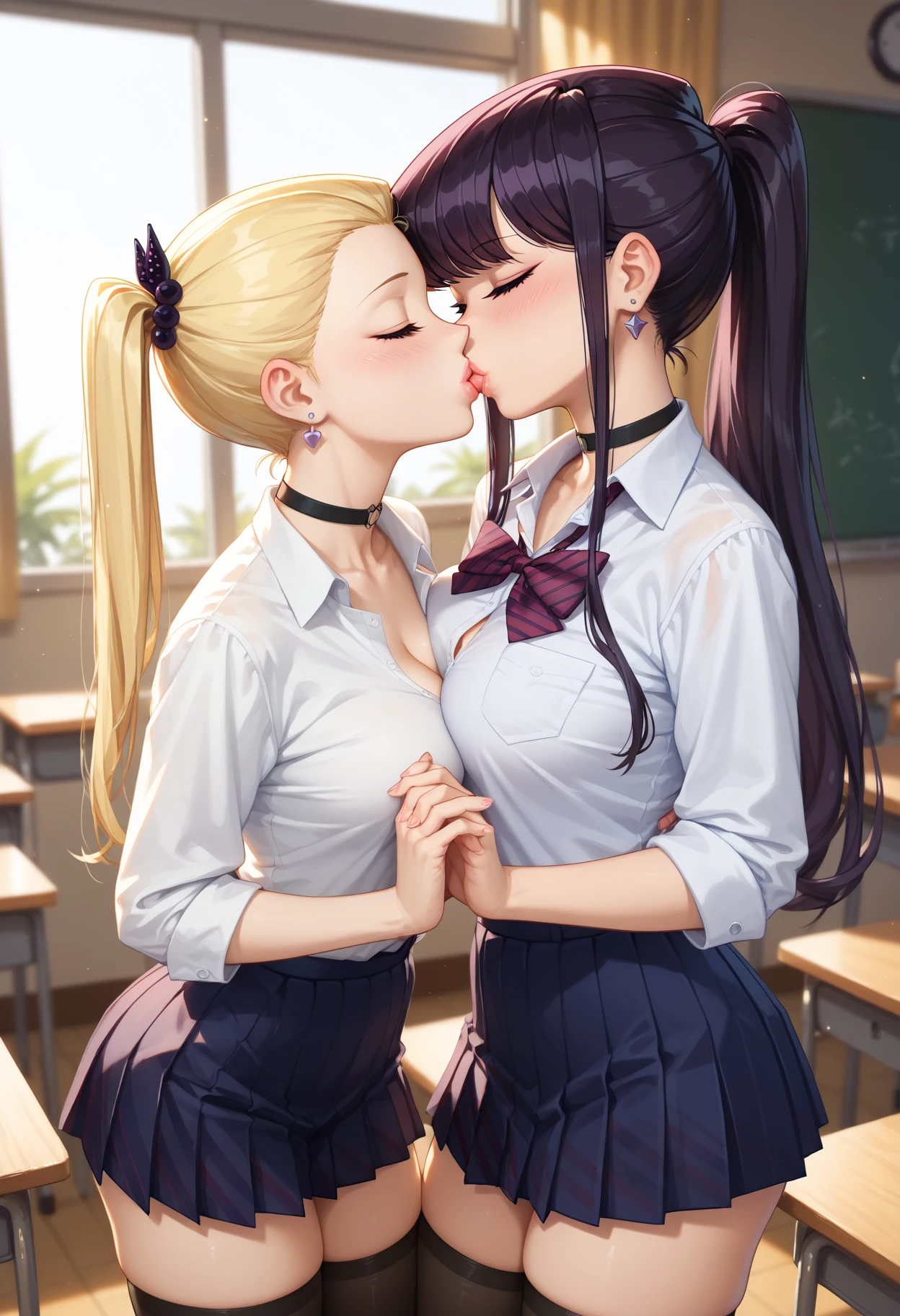 ​(Best quality, 8K, Masterpiece:1.3, 2 girls, Beautiful girl), cute, Dynamism, Detailed face, Detailed skin, detailed clothes, Detailed eyes, Detailed lips, Detailed tongue, Detailed fingers, Detailed mouth, Photorealistic, Raw photo, highres, hight resolution, Natural lighting, dynamic pose, perfect anatomy, moist lips, sweaty, ecstatic face, school uniforms, white shirt, tie, pleated skirt, half closed eyes, blush, open mouth, tongue out kiss, ahegao, drooling, lesbian, yuri, (2 girls are kissing:1.2), sexy kiss, erotic kiss, lesbian kiss, classroom, blue hair, yellow hair, long hair, grabbing breasts, masturbation, hugging, nsfw, sex, breasts to breasts