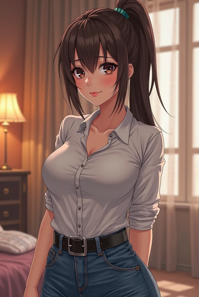 masterpiece, highest quality, Excellent_Mikoto,  1 girl, alone, brown eyes, grinning lasciviously, long hair, big breasts, The valley looks bigger,closed mouth, 襟付きのshirt, shirt, 白のshirt, Blue jeans pants, Hotel, bed, arms crossed, (realistic), (realistic), looking at the viewer, full body photo
