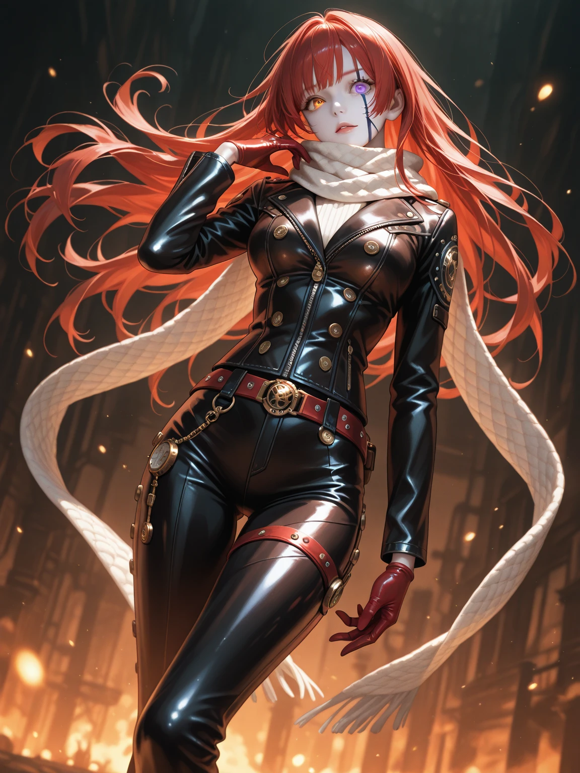 oda_biig,large breasts,red eyes,black bodysuit, red hair,chain,collared cape