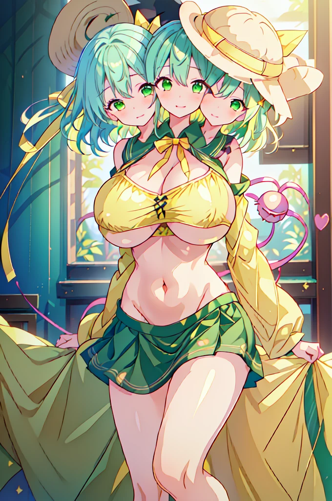 Girl, (3heads:1.5), big smile, beautiful eyes, short green hair, watermelon costume, big breasts, exposed stomach, short skirt