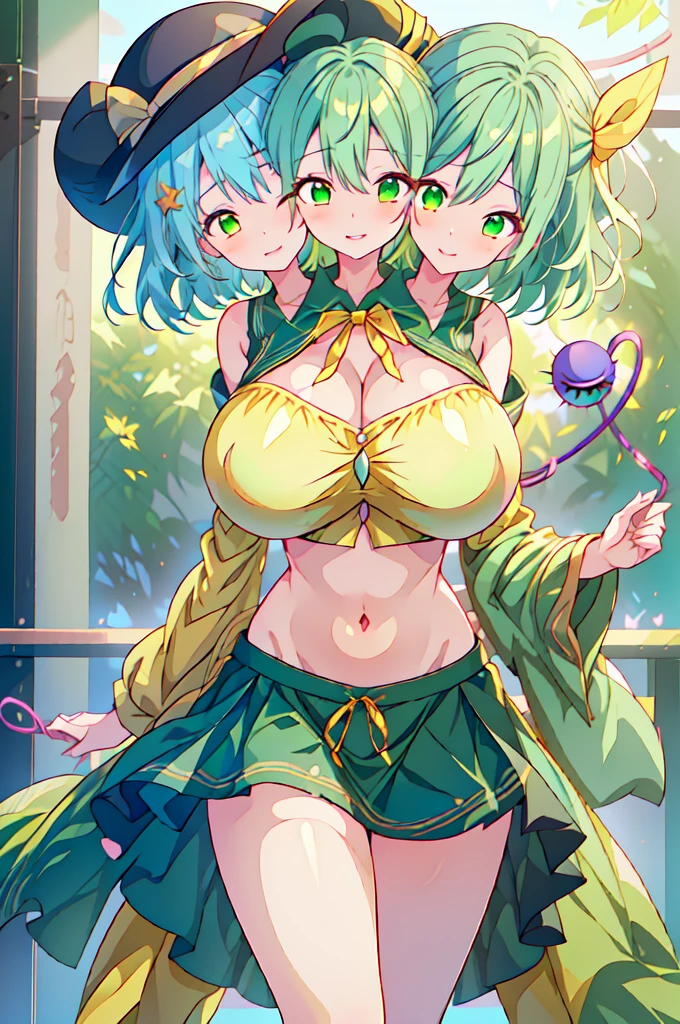 (masterpiece, best quality), best quality, (ultra-detailed), (3heads:1.5), 1girl, (komeji koishi:1.3), masterpiece, best quality, ultra quality, ultra resolution, yellow top, crop top, ((stomach)), midriff, ((groin)), green skirt, normal ears, shackles, mint green hair, short hair, soft smile, happy expression, green eyes, detailed eyes, parted lips, smiling, cute, toned belly, hand on own chest, eyelashes, (24 year old woman:1.3), (masterpiece:1.5), (best quality:1.5), (beautiful detailed extremely detailed CG, extremely delicate and beautiful, depth of field, (finely detailed face), (perfect details:1.2), (mature female:1.3), wide pelvis, slender, large veiny breast, 16k resolution, highres, high quality, high definition, extremely detailed, masterpiece, mint green hair, short hair, alluring presence, braid, short skirt, close up, very big tits, huge tits, young, black headwear, hat bow,