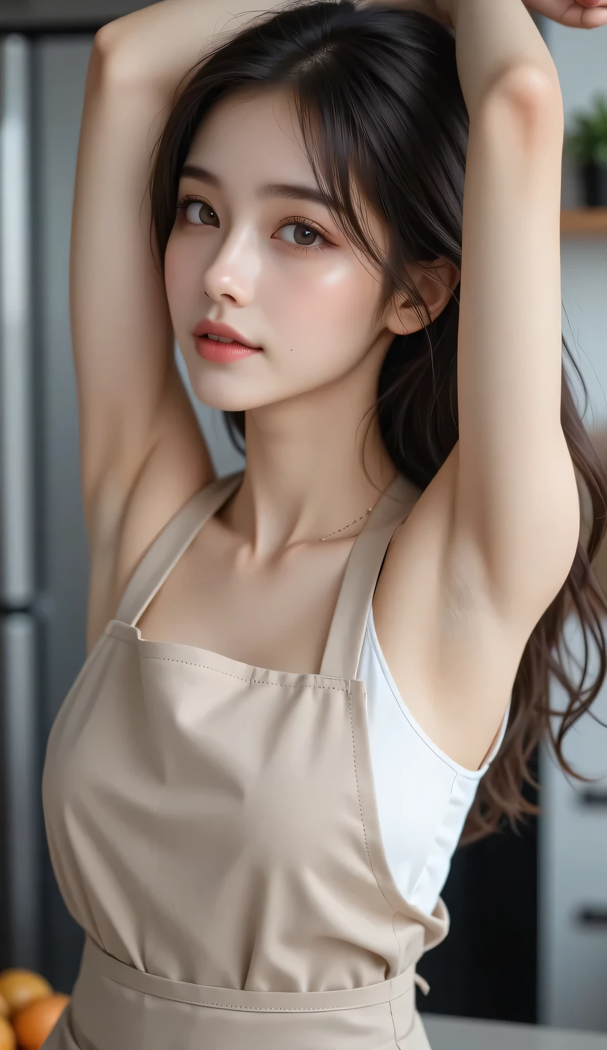 (((best quality))),(((ultra detailed))),(((masterpiece))),illustration, 1girl,female butcher,solo,(short ponytail:1.2),((sweat,shiny skin)),((slim,thin,small breasts,flat chest)),((bare shoulder,bare arms)),(white apron splattered with red stains:1.3),((gloves)), plainradiant face, hint of smile,standing,arms behind back,gentle and innocent nature,spacious warehouse, (shelves was full filled with fresh meat:1.5), stark white walls, contrasting red and pink hues, Calm and composure, sense of warmth and humanity, natural lighting, sunlight, silhouette, delicate frame, graceful posture, unique and intriguing moment, resilience and adaptability of the human spirit,indoor,((upper body,from front))