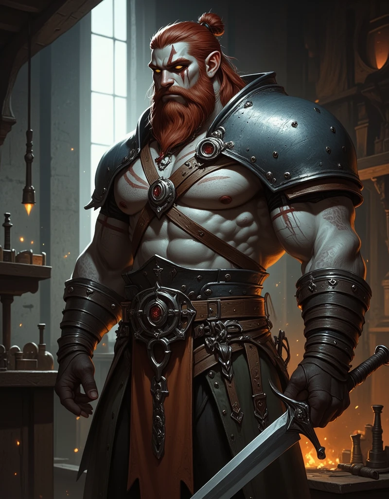 A fire Genasi male, hair red, red skin, a dark red bushy beard a large battle axe in one hand and a mug of ale in the other. He’s kind of meh faced and sitting in a bar. Wearing a bandana on his head and a shirt no sleeves. Class fighter. Beard bushy 