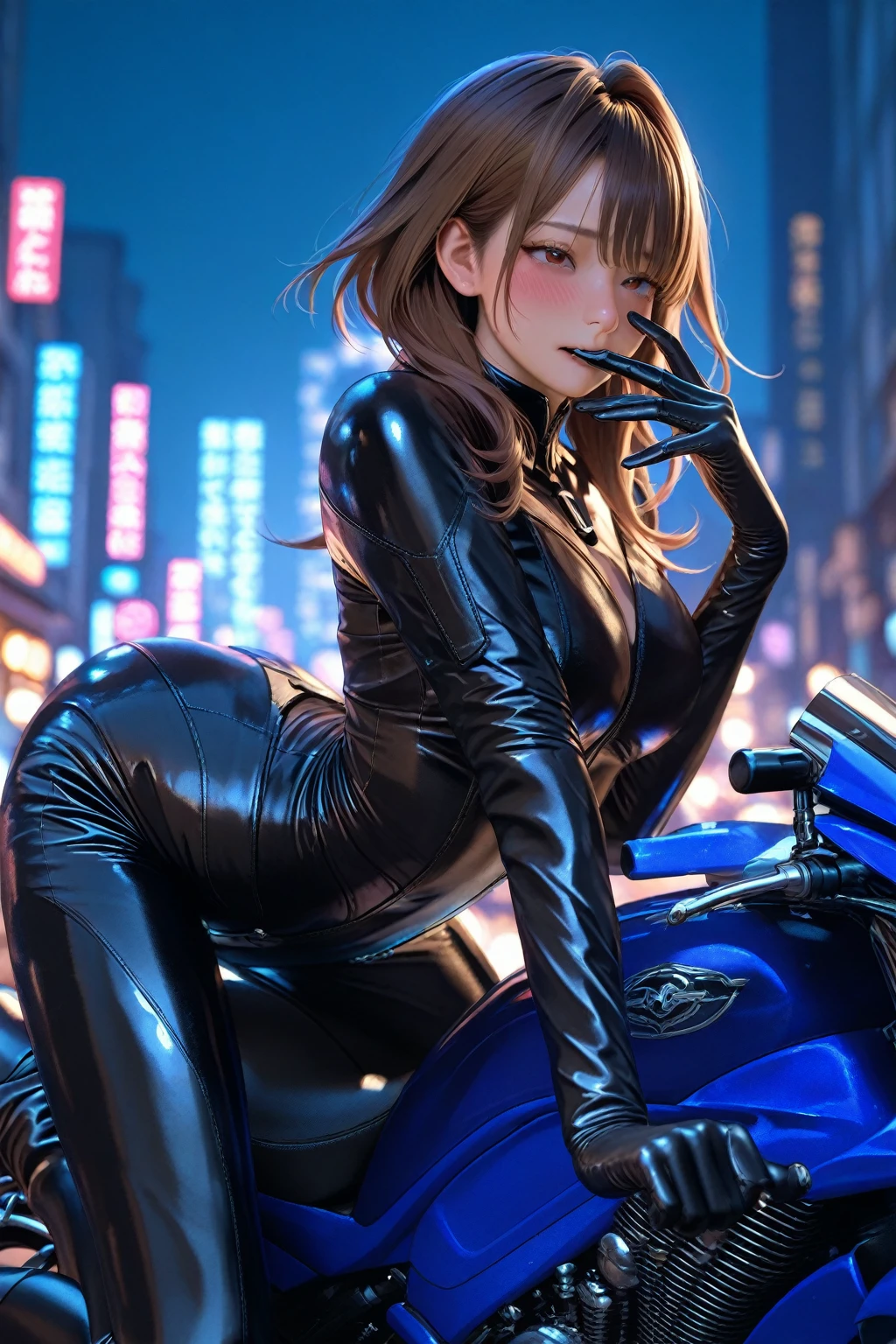 nsfw、(masterpiece, Highest quality, Super detailed:1.3), Perfect composition, 4K, (Very detailed, Super detailed), Patent leather leotard、Long gloves、Knee-high boots, High resolution, 8k Texture, Attention to detail, Very detailed肌の質感, Magnificent details, High Sharpness, One girl, (Fine grain:1.3), (25-year-old woman:1.3),(Fully cowled motorcycle)、((Spanning a motorcycle:1.3))、View Viewer、smile、Butt Emphasis