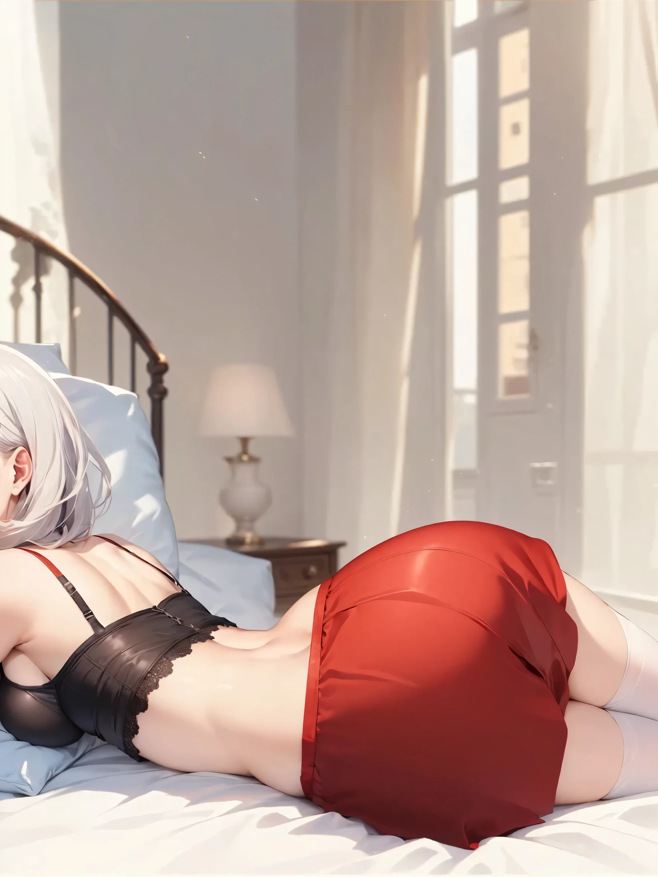 portrait of jeanne darc alter wearing shiny swimsuit wet, small breasts, sleeping in bed, showing butt