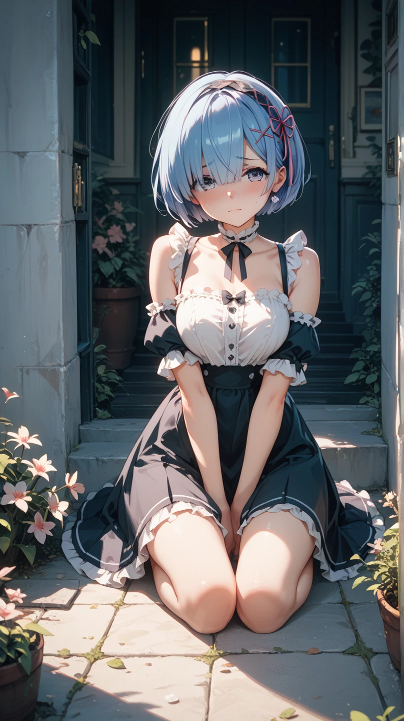 three girls, looking at the viewer, indoors, jewelry, bangs, dress, earrings, Nice details, shining eyes, nice background,
masterpiece, highest quality, super detailed, 
Re Zero (Rem(short hair,blue hair),rum(pink hair, short hair),emilia(silver hair, long hair)),dynamic pose, large breasts, hapoy smile, 