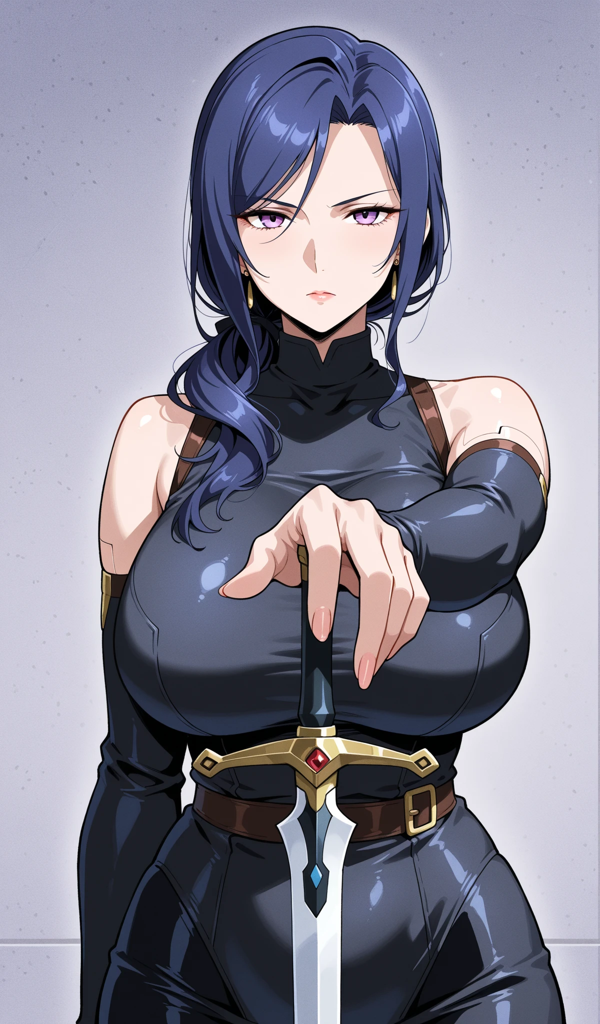 score_9, score_8_up, score_7_up, source_anime, 1girl, portrait, half-closed eyes, smirk, smug, <lora:pose_indexfingerstogether_ponyXL:1.1> index fingers together, <lora:tharja-pdxl-nvwls-v1:1> defTh, two side up, tiara, cape, bodystocking, bodysuit, cleavage, bridal gauntlets, simple background