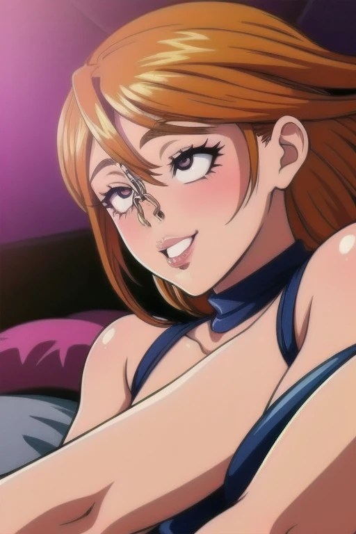 a cartoon picture of a woman in a bikini top and jeans, nami one piece, nami from one piece, nami, beautiful portrait of nami, from one piece, oppai, blue eyes, smoking, ponytail