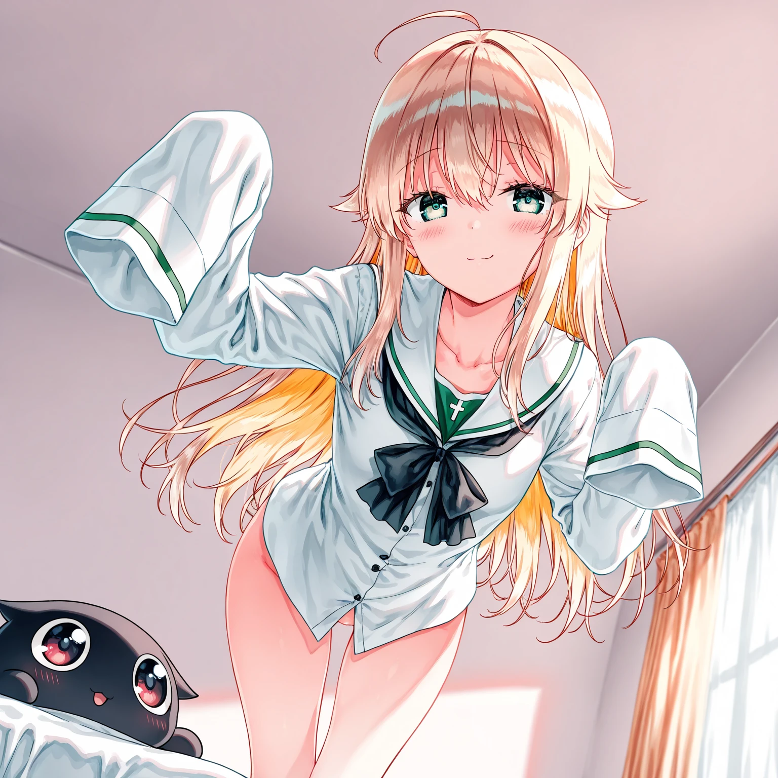 RikaJou, 1girl in, 独奏, length hair, blonde  hair, verd s eyes, small tits, tusk, A smile,  Standing, dynamicposes, 8K, ​masterpiece, top-quality, absurderes, perfect anatomia, 电影灯光, cowboy  shot, (校服:1.1), Schools, garden, school ground、
, Ahegao, Heavy breathing, blush, Sweat,Spread your legs，A seductive smile，Kinky laughter，Obscene atmosphere、masturbation，The shape of the female reproductive organs is also clearly visible....，，hands on the panty，Panties are wet，Soaking wet body，Sweat，，Desire for dissatisfaction， white panty hose，Sperm flows out from between thighs filled with sperm...，Bend over，Back view,Spread your legs，A seductive smile，Kinky laughter，Obscene atmosphere、（ami、Hands-on ）piss pose