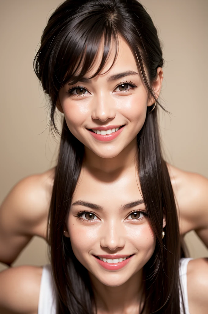 (1 woman:1.99)、(Wide forehead、Very short hair、Very small amount of hair、Forehead、Fuji frame:1.1)、Sunburn、17 years old、Naughty、Happy expression、満面のsmile、Weakness、love、I feel very comfortable alone、(tennis: 1.5),((Very sleepy、Improves skin texture,smile、Narrow eyes、Very weak eyesight、Very weak eyeliner、Eyes slightly closed、I know the shape of your head、Oval Face))、(slicked back hair:1.25)、Photographic, Raw photo, Mastepiece, Highly detailed photos, Digital SLR, Photo-realistic 1.4, Super hello nothing, Best Quality,(tilting your head、whole body:1.7)