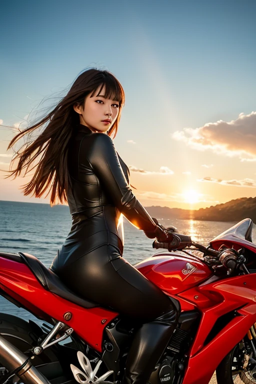 (top quality, masterpiece), 1girl, intricate details, (shading realistic lighting), huge file size, high resolution, elegant, realistic, (perfect anatomical depiction of the human body), teenage girl is stopping her motorcycle on the beach at dark sunset and looking somewhere, serious expression, the girl has whitening skin blue eyes and partially braided long hair is a brunette Japan, japanese, (the girl has very big), (the girl has super big), (the girl has a thin waist), (the girl has thin thighs), (the girl has a baby face), ((the girl wears a white bodysuit with smooth thin fabric)). (The girl's bodysuit has very cramped breasts), (The girl's white bodysuit has crimson lines on the outside of her limbs), (The girl wears a white bodysuit, red-white boots and gloves so she can't see any skin except her face), (The girl's bodysuit crushes her large breasts and spreads to the side), (Beautiful big blue eyes), (Thin and clear double eyelid lines in the eyes), ( Tear bags with glossy, plump and bright tones under the eyes), (pale blue iris), (some highlights on the iris and pupil), (red representation of the conjunctiva), (long eyelashes that are well visible), (taut swimsuit with super big), (skin and hair glistening in the setting sun from behind), (hair fluttering heavily in the strong sea breeze and shimmering in the backlight of the setting sun). ((The girl is standing in front of the motorcycle and looking into the distance)) , (shot showing the whole body, the motorcycle, the sea and the sunset), The motorcycle is a one-light naikit type, Holding a black helmet in one hand, The sun is dyed crimson on the horizon behind it, the sky has a gradient to a dark purple that is darker as it moves away from the crimson of the horizon, a very dark scene that is almost night, strong contrast between light and shadow, perfect hands, nice hands, mirage farina,