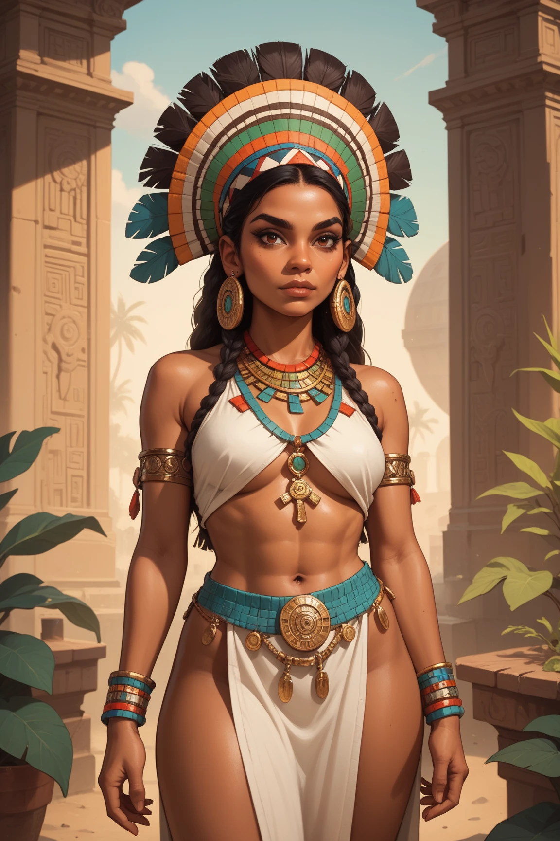 Woman, Dark Tanned Skin, Brown Hair, Aztec Priestess, Ceremonial Bikini top, Ceremonial Loincloth, Ceremonial Aztec Headdress, Body Paint
