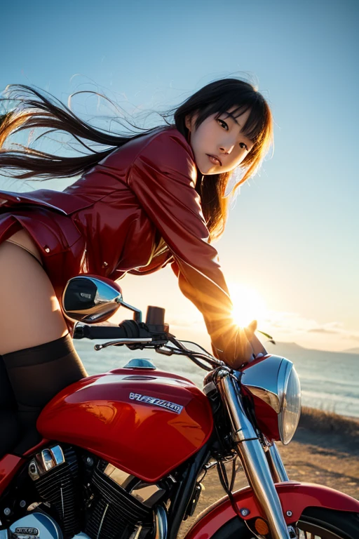 (top quality, masterpiece), 1girl, intricate details, (shading realistic lighting), huge file size, high resolution, elegant, realistic, (perfect anatomical depiction of the human body), teenage girl is stopping her motorcycle on the beach at dark sunset and looking somewhere, serious expression, the girl has whitening skin blue eyes and partially braided long hair is a brunette Japan, japanese, (the girl has very big), (the girl has super big), (the girl has a thin waist), (the girl has thin thighs), (the girl has a baby face), ((the girl wears a white bodysuit with smooth thin fabric)). (The girl's bodysuit has very cramped breasts), (The girl's white bodysuit has crimson lines on the outside of her limbs), (The girl wears a white bodysuit, red-white boots and gloves so she can't see any skin except her face), (The girl's bodysuit crushes her large breasts and spreads to the side), (Beautiful big blue eyes), (Thin and clear double eyelid lines in the eyes), ( Tear bags with glossy, plump and bright tones under the eyes), (pale blue iris), (some highlights on the iris and pupil), (red representation of the conjunctiva), (long eyelashes that are well visible), (taut swimsuit with super big), (skin and hair glistening in the setting sun from behind), (hair fluttering heavily in the strong sea breeze and shimmering in the backlight of the setting sun). ((The girl is standing in front of the motorcycle and looking into the distance)) , (shot showing the whole body, the motorcycle, the sea and the sunset), The motorcycle is a one-light naikit type, Holding a black helmet in one hand, The sun is dyed crimson on the horizon behind it, the sky has a gradient to a dark purple that is darker as it moves away from the crimson of the horizon, a very dark scene that is almost night, strong contrast between light and shadow, perfect hands, nice hands, mirage farina,