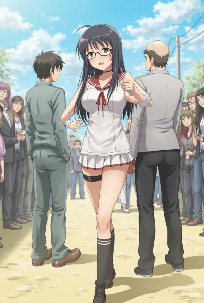 Walking nudist girl with glasses、A lot of skinship with naked elementary school boys who are good friends、surround each other'face、group photo、dynamic angle、tourist destination