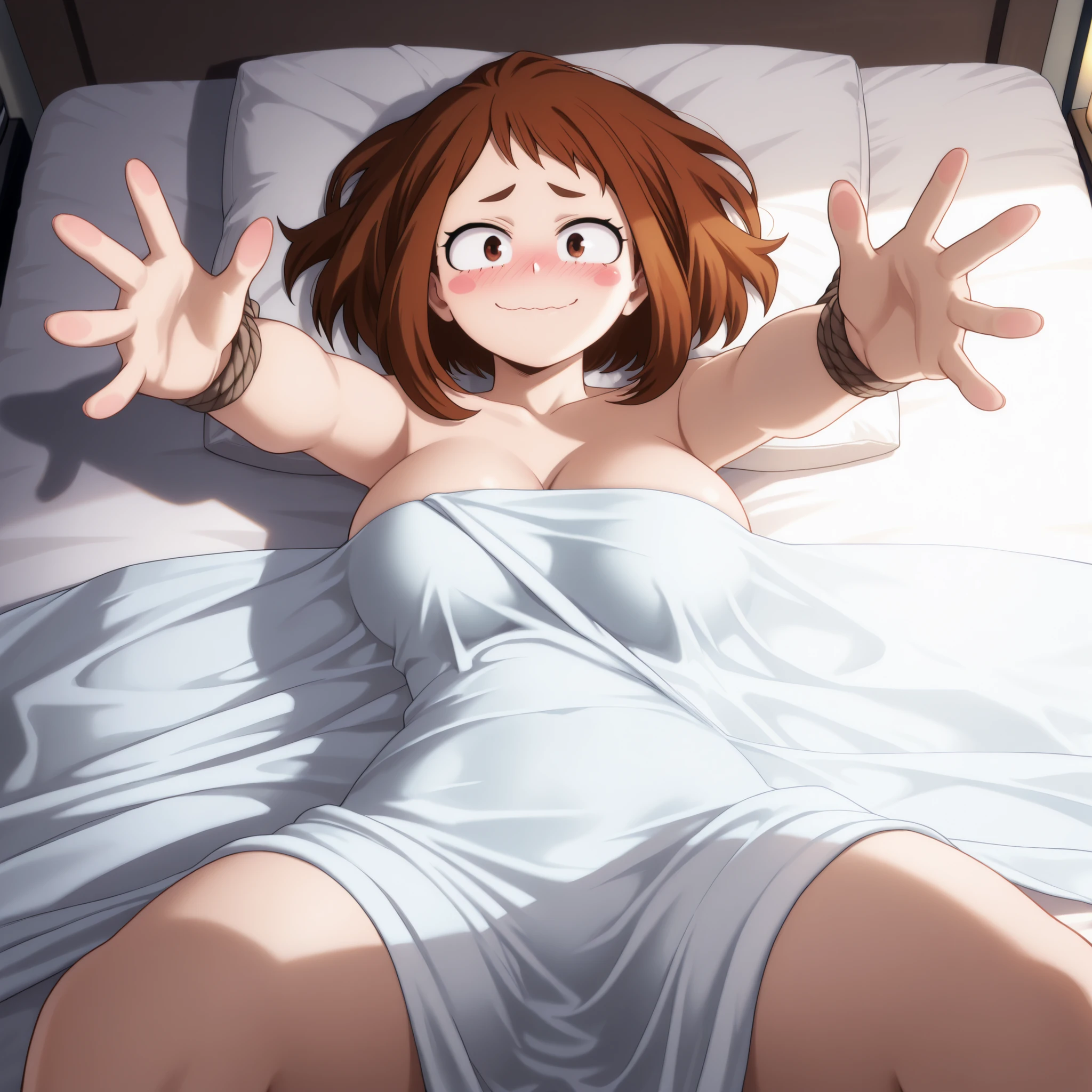 high resolution picture, masterpiece, best quality, amazing quality, , Ochako Uraraka from My Hero Academia ,1girl, solo, m0y4, brown hair, brown eyes
,              BREAK (curvy),       dynamic lighting, volumetric lighting, ambient light, soft light, highly detailed, 
 1girl, solo,  sheet, bed sheet, indoors, bedroom, bondage, bound, , bound wrists, lying, on back, restrained, separated legs, outstretched arms, from above, red eyes, under covers, tied to bed, on bed, looking at viewer, blush, excited, embarrassed,  face, nose blush, closed mouth, wavy mouth