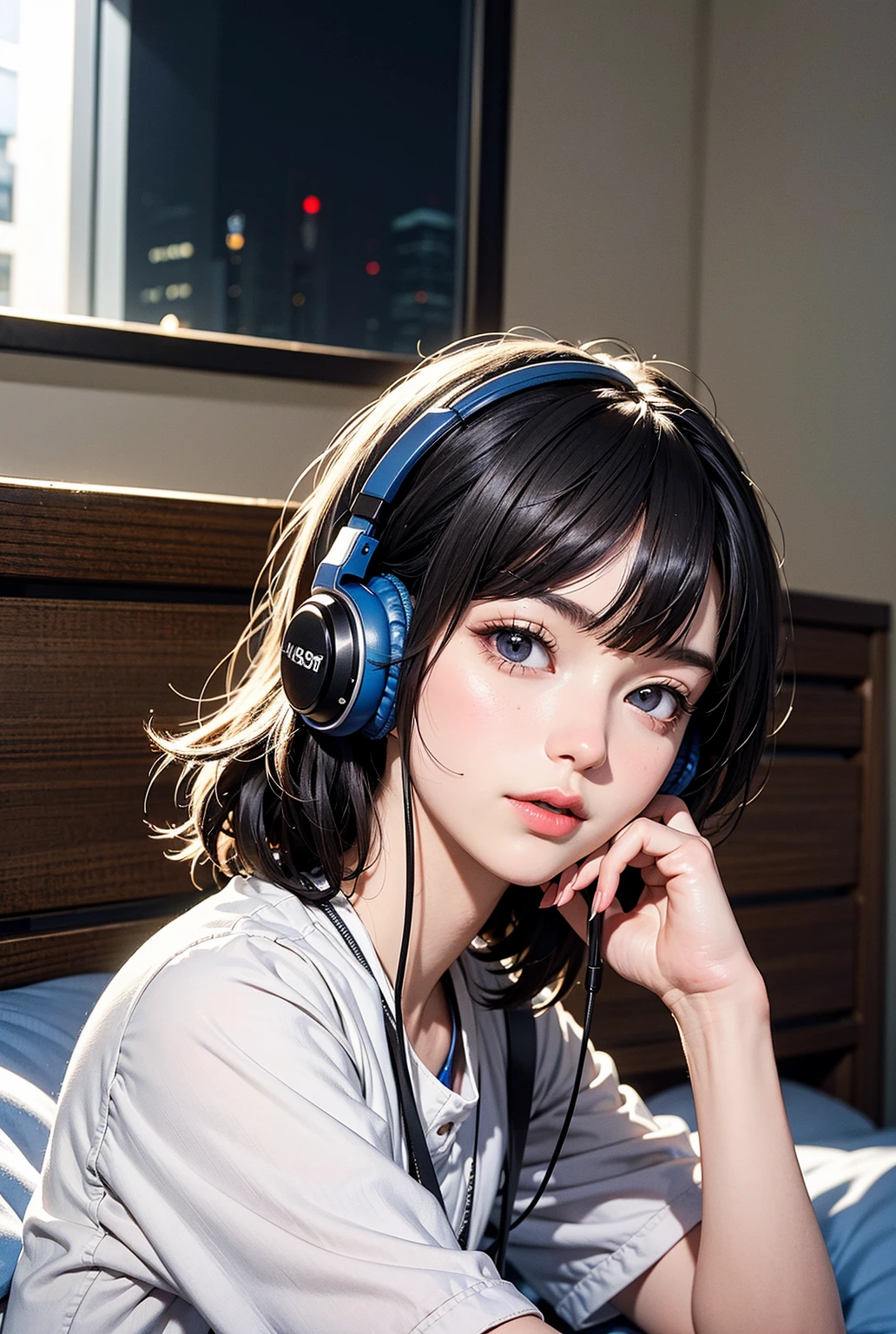 Little anime girl wearing purple with blue short hair,lightbrown eyes,fly away, with headphone