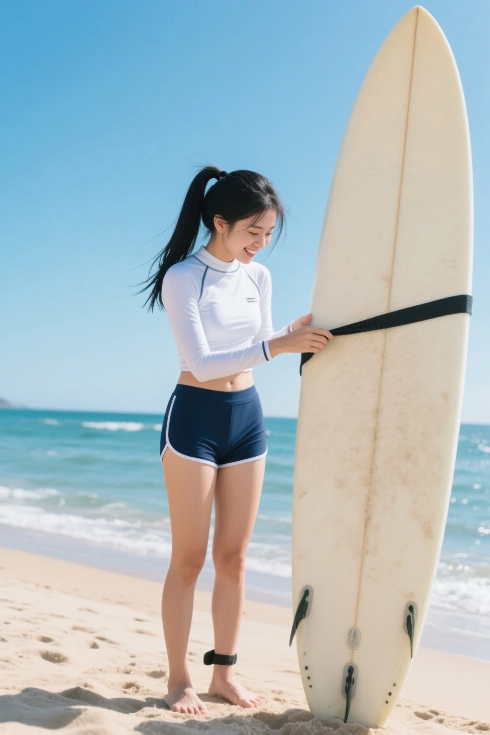 from below, female focus on, (A scene where people are enjoying surfing by riding the waves on a surfboard:1.2), (drenched:1.2), Fluttering long hair, laughing, one-piece swimsuit, half decorational vertical border in the middle cloth, (white Clothes), ocean, sparkle,