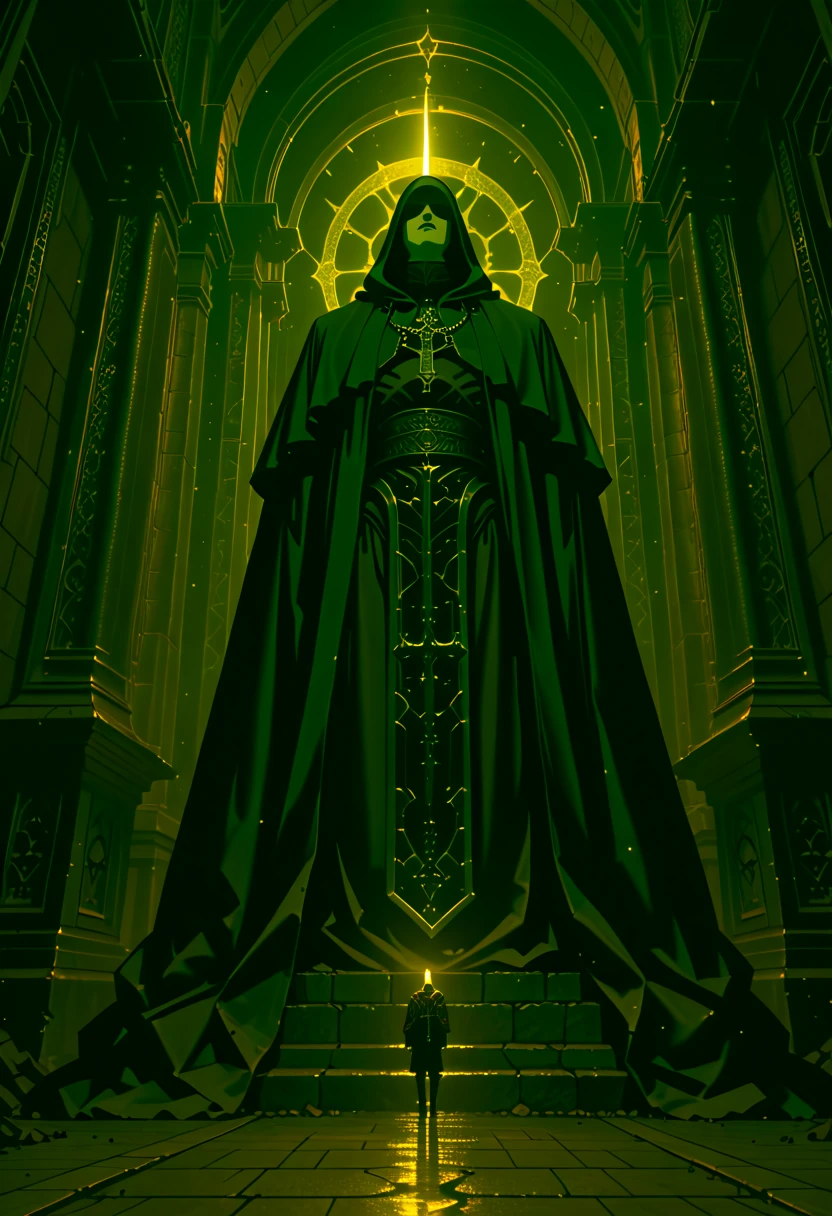 Priests of a sect, they wear a black cloak and hood, with inscriptions in gold on the edges, they have white skin, it is not possible to see their faces, they use a rustic and medieval lantern, rendered in the anime style 'vampire hunter d'blood lust' akira, anime background style [[low angle]], dark scenery white light coming from above, high contrast, 90s anime style', he is inside a dark castle with black sculptures and torches on the wall, dark and obscure castle, post-apocalypse scenery, low angle, 3 tone, cell tone, 90s anime