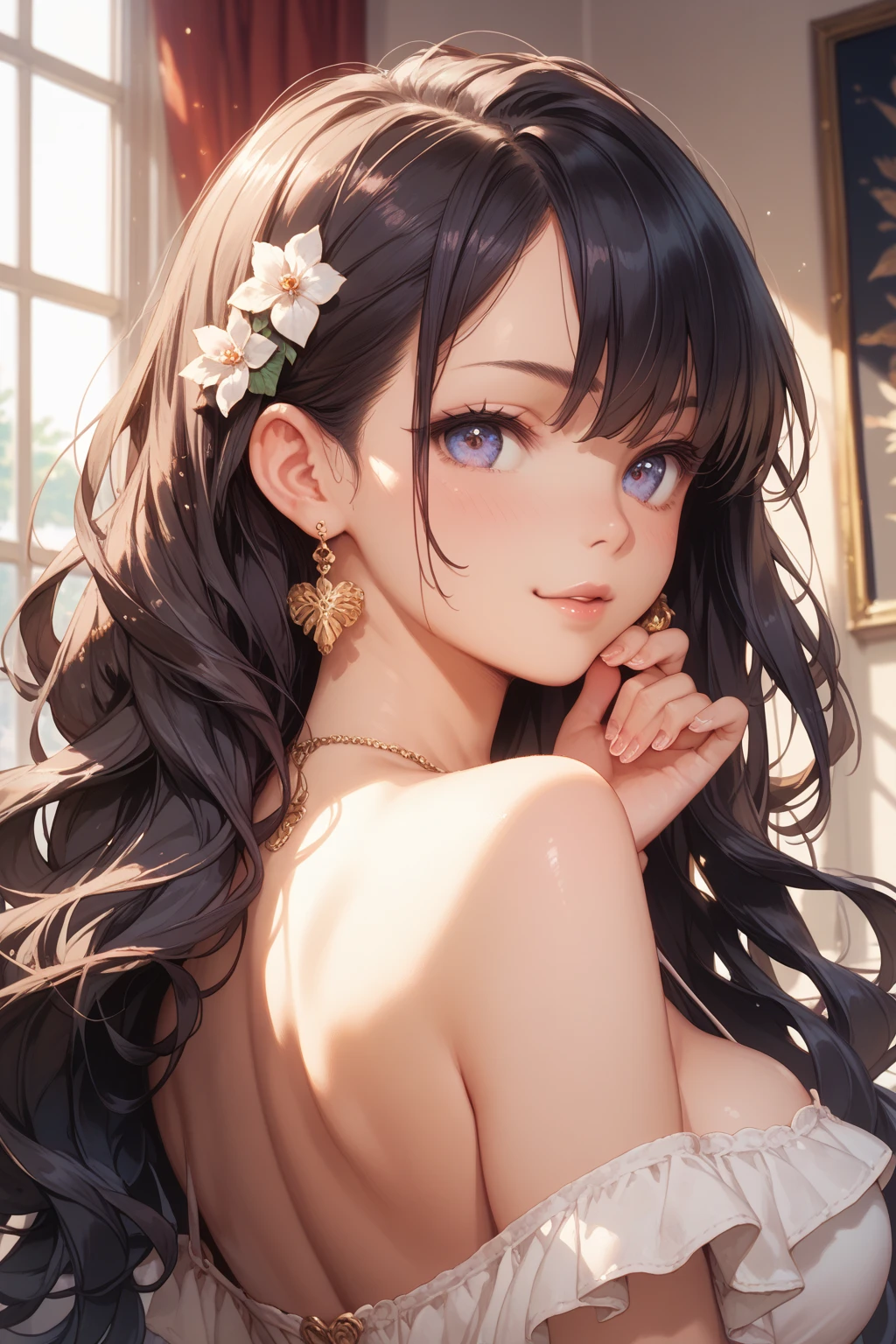 best quality, highres,Slender、Brown eyes、tall、Black Hair、(Long Hair:1.3),Straight Hair、7 life size、、White floral bra、slouch、Looking up、No hair accessories