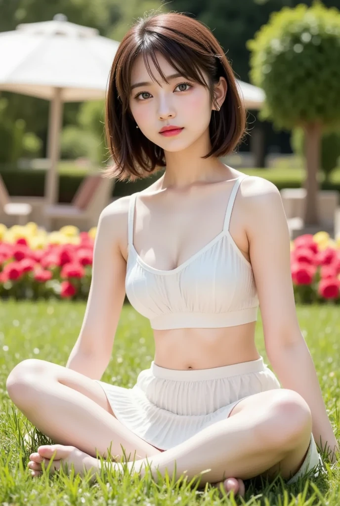 女の子1人、a blond、On-eyebrow bangs、Shave your hairline、Shaved temples、Shaved nape、Nicely aligned neckline、Bob-cut hair、Sit on the floor with your back straight、Open legs、Wearing white underwear、Inside the ruins of Petra、fullllbody、perfect anatomia、depth of fields、Center the subject、Spiritual silence、Transcendental tranquility、Shyness、absurderes、nffsw、(Photorealsitic:1.4)、extra detailed face、Raw photography、film grains、Deviantart Trends、a scene from a movie、Natural Day Light