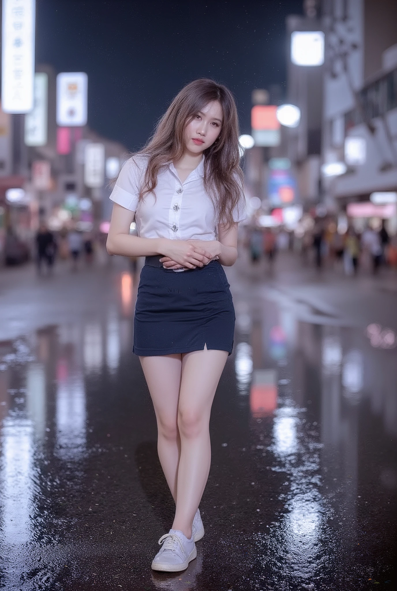 a high quality, photorealistic fashion photo of Rose from the kpop group Blackpink, wearing a FIXED thai university uniform, posing sexily on a city street, 8k, ultra-detailed, professional studio lighting, physically-based rendering, vivid colors, cinematic, dramatic lighting, moody, neon lights, rainy, reflective, street signs, crowded, bustling