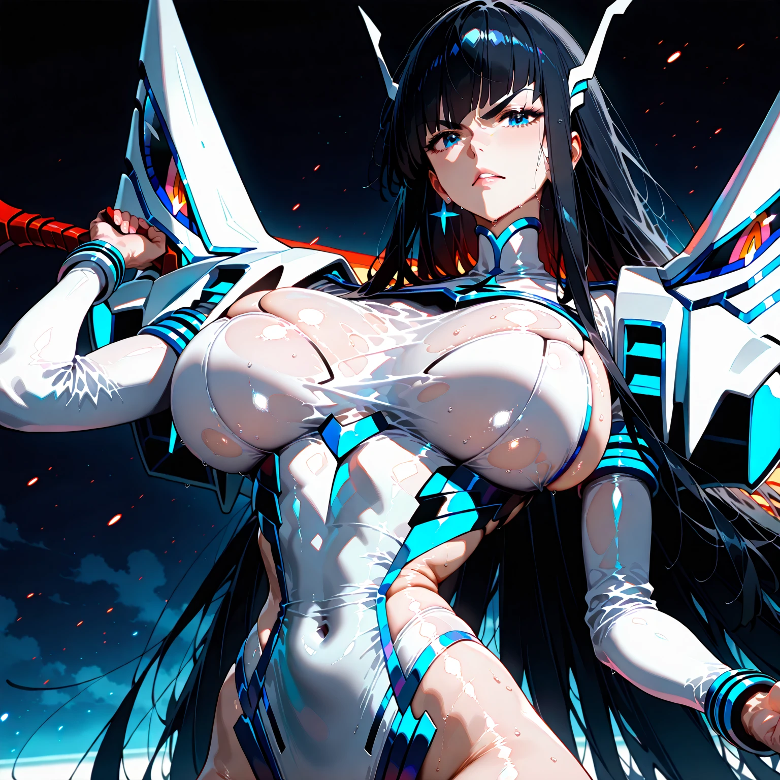 lumen reflections, natural lighting, evocative, triadic color scheme, cowboy shot, elegant, voluptuous:0.6, looking at viewer, 1girl, female, solo, blush, open mouth, smile, teeth, sfw, <lora:KiryuinSatsuki:1>, kiryuin satsuki, junketsu, revealing clothes, clothing cutout, cleavage cutout, white panties, white thighhighs