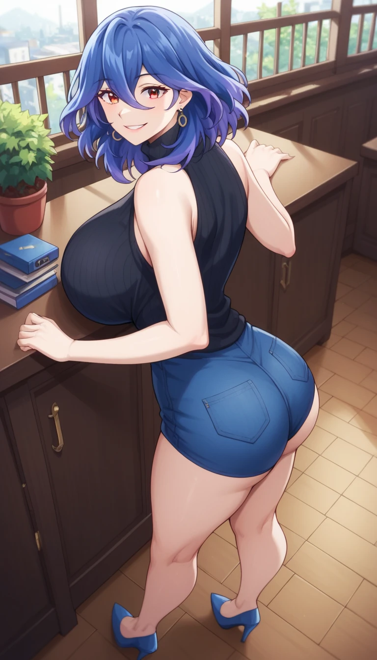 pale woman, short pixie cut purple hair, some hair on the back of her head, big earring, half lidded eyes, looking straight ahead, black eyeshadow, very massive huge breasts, very busty, small waist, wearing a very skin-tight plain white t-shirt, expressionless, wide hips, thick thighs, large thighs, black bikini, thick legs, barefoot, tiny feet, black nail polish, full body shown, standing up, bent over a table, rough sex, taller man standing right behind her, cumming, eyes rolling up , moaning, holding her hair