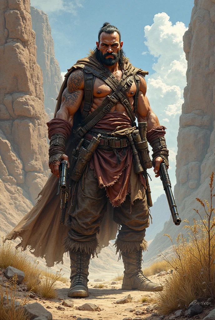 Best quality,high resolution,Male,mature,Handsome,musculature,Short hair,Black hair like spring,battle garment,firearm,Magazine clippings,Wasteland,Revelation,Parka,scorched earth,Smoky breeze,Cloak,Sand,an overgrown,Abandoned city,Giant plants,ruin close-up, shirtless,