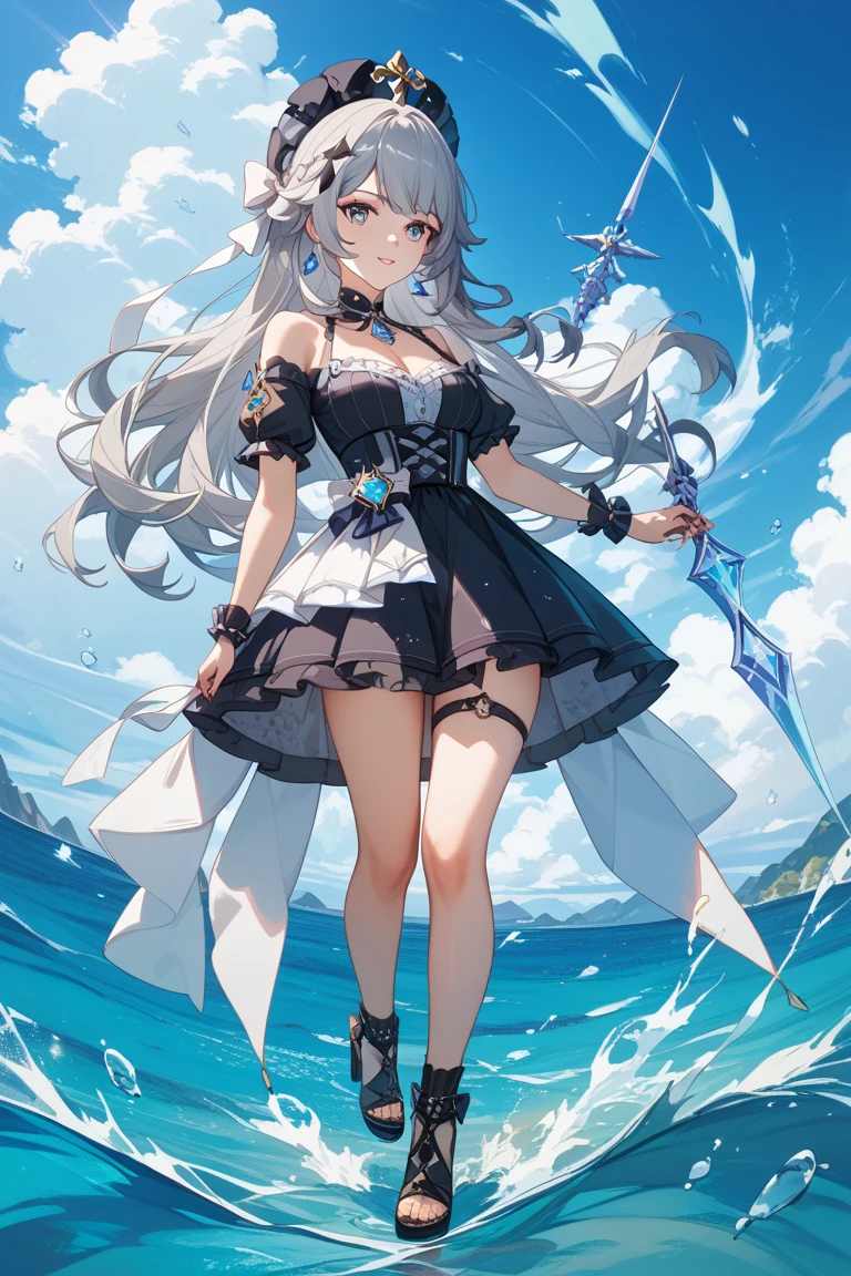 womanstanding on the beach,azure ocean,standing beside the ocean,((bronya zaychik silverwing)),one hand on hips,as a character of final fantasy xiv,heeled boots,(full body:1.2),(ultra-detailed:1.3),full body,(Golden Ratio:1.2),long silver hair,(white bra+dark blue dress+white coat)