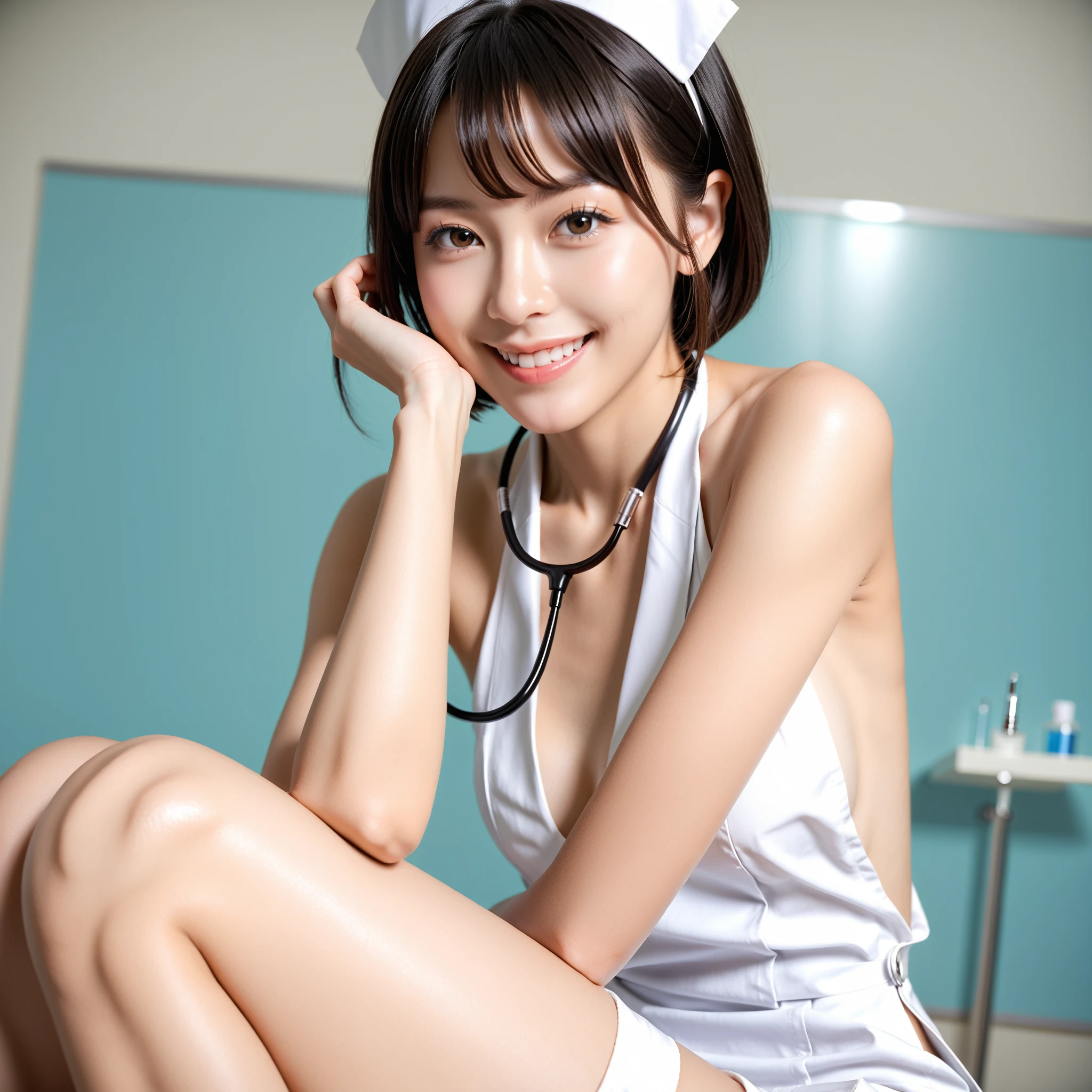(Best Quality, 8k, 32k, Masterpiece, UHD:1.2), Cute Japan Woman Pictures, 1 Girl, (Medium Short Dark Brown Hair), (Big), Double Eyelids, White Nurse Clothes, Small White Nurse (Cap), White Shirt, Open Shirt, Open Shirt, Hospital Room, Shirtless, Sexy, Spread Legs, Seductive Smile, Cowgirl, On Bed