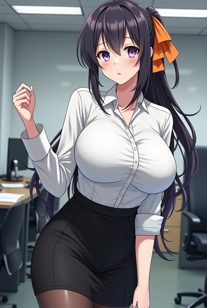 Elegant seasoned female teacher with glasses short skirt black stockings playfully dressed as an office worker, plump chest and