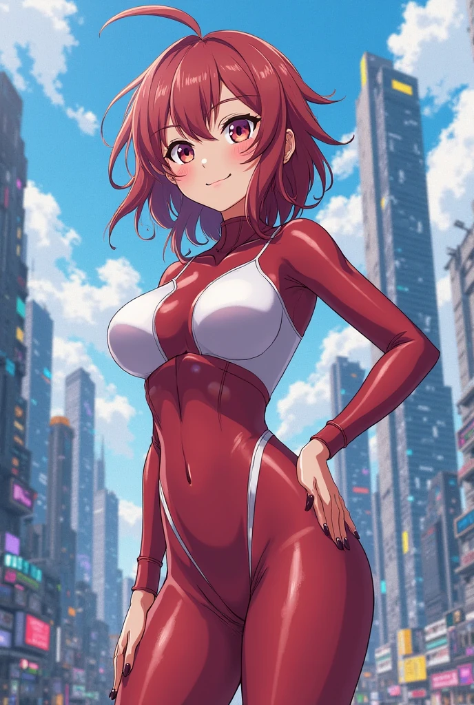 1girl, medium breasts, leotard, red leotard with blue accents, bare legs, boots, matching boots, bracelets, city backdrop, solo, single, standing, full body shot, cowboy shot, beautiful detailed eyes, mature lady, red hair, medium hair