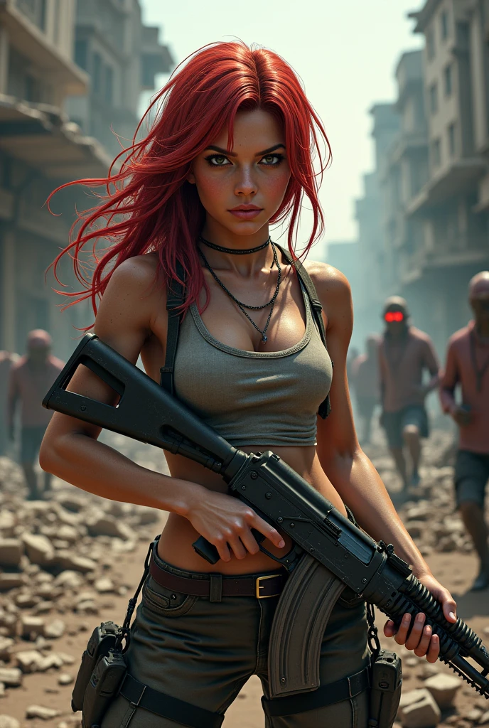 Close up, Game cover art, 4K, incredible art, Best quality, masterpiece, (Milf:1.2),(curvy:1.3),(erected :1.4), (juicy cameltoe:1.3),30yo,(gigantic boobs:1.3), A teenage girl walking in a post-apocalyptic wasteland, with a backpack, a machete, and a sexy teenager Waifu companion. She has beautiful long pink hair and gigantic boobs, large boobs,(topless:1.3)