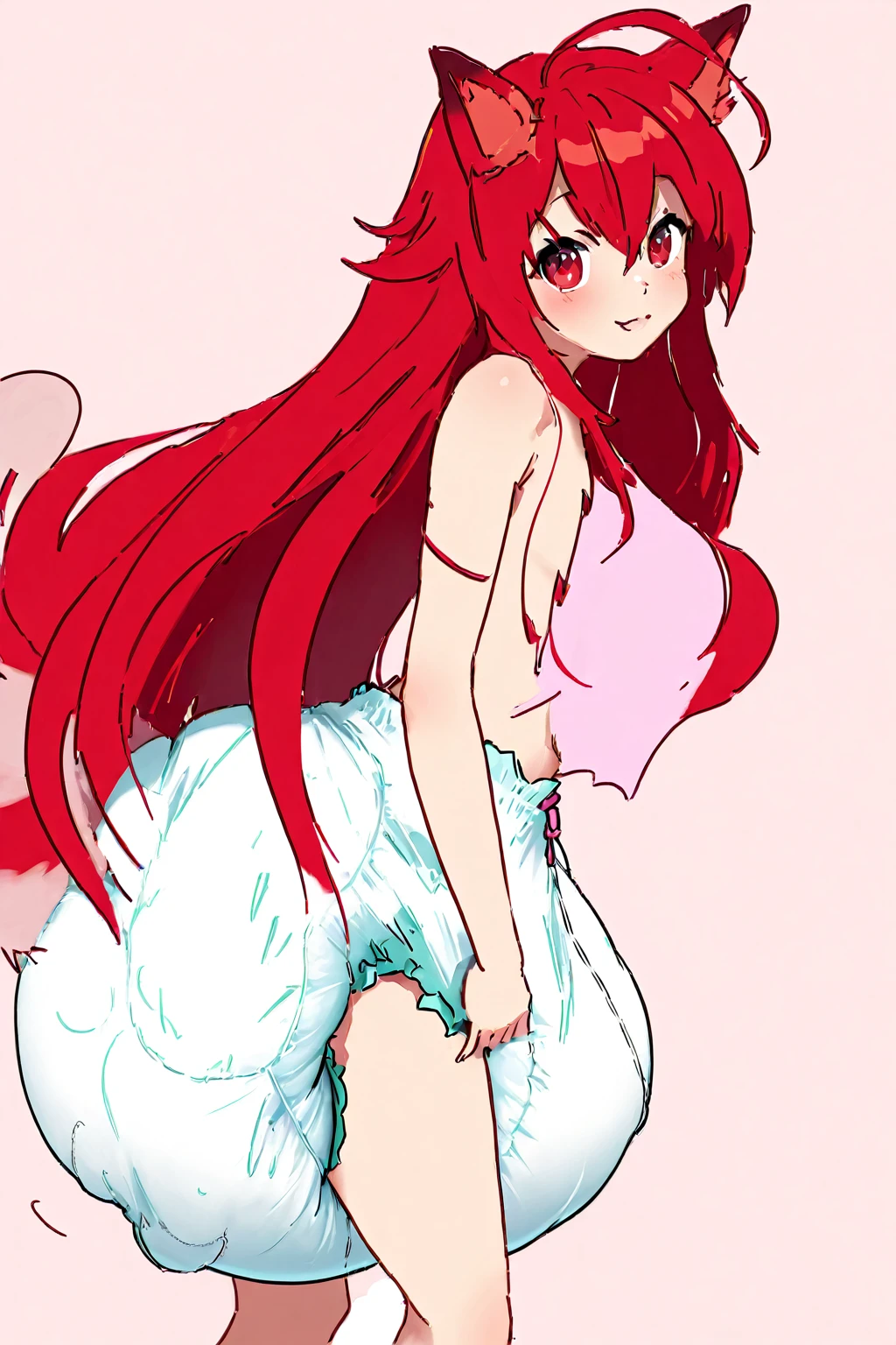 red hair, white body, red eyes, long hair, sky face, stockings, shy pose, panties, cameltoe, behind view, (my little pony), school underwear, blush on ass, seductive pose, big ass, big breasts