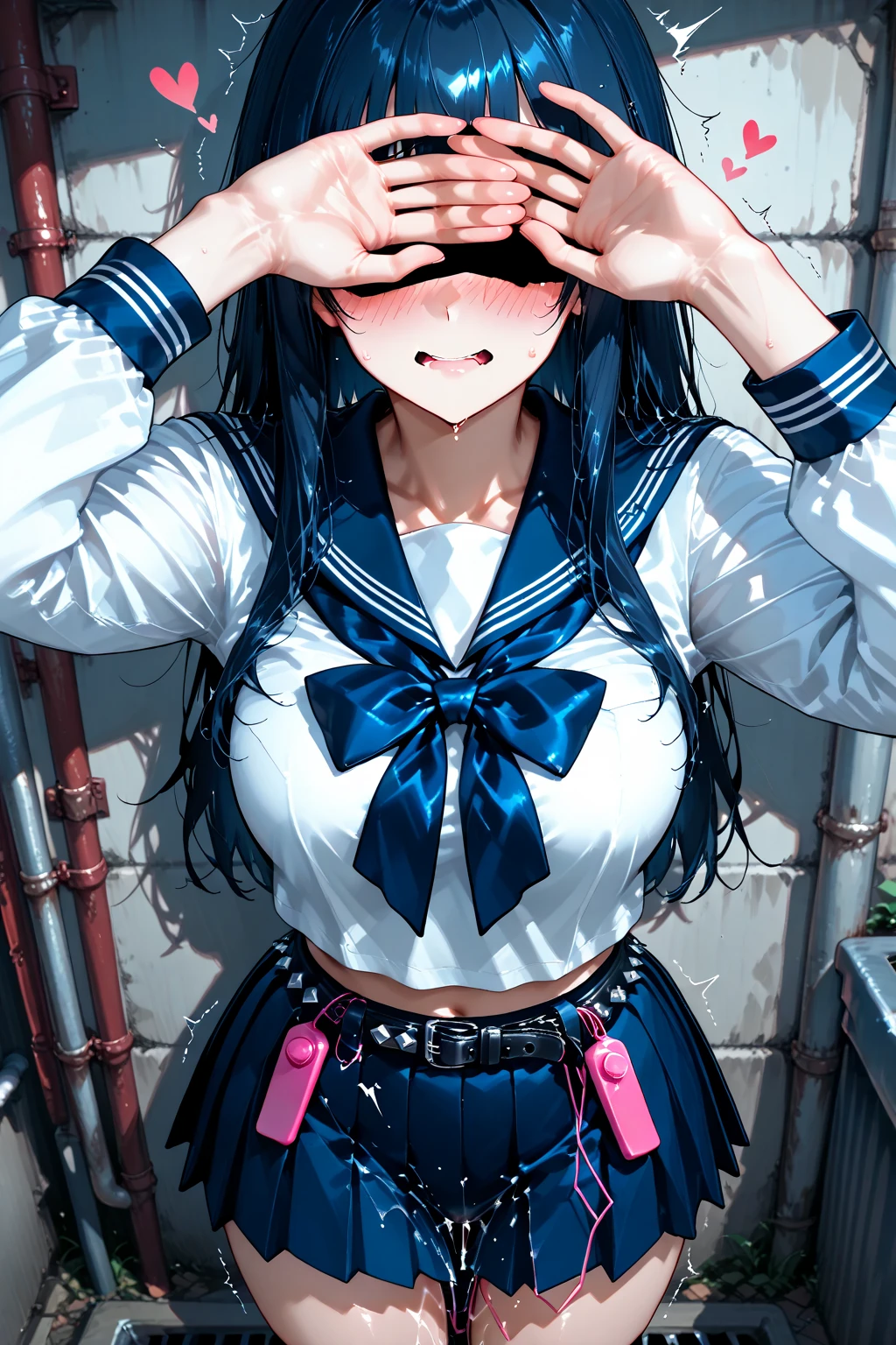 Solo, (1girl), single, single, (((white panties))), (((skirt lift))), ((hold the skirt)), school uniform, Sexy, standing, cowboy shot , girl with:hair is black ,Tied with a ribbon。The face is round and cute。 ((Her hands are holding onto the skirt)) Overreaction:The girl's surprised expression was、Impossibly overreacting.、Drawn like a manga or anime。(crying), tearful, tears.(graffiti murals wall background:1.15), brilliant colorful paintings, against wall,