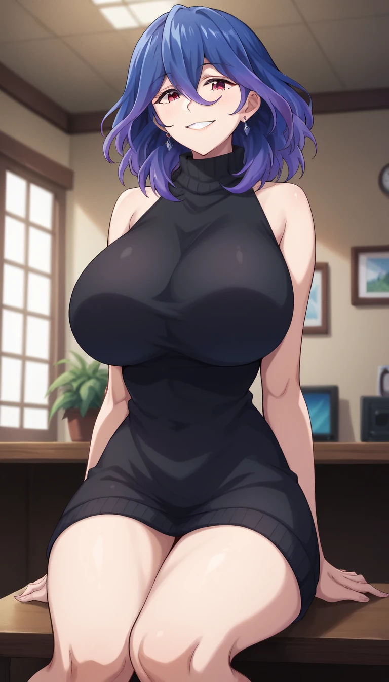 masterpiece, Highest quality, 1 person,( Large Breasts,Are standing, View your audience,),Detailed Background、A person who writes in detail、Accurate human body、Knowledgeable person、Accurate 5-finger,Mature Woman,Thighsが太い,Cruby Body,allmind,Long sleeve、Thighs、alone,((Oversized hoodie,)),slave collar,, Cleavage，Sitting,( M-shaped legs)