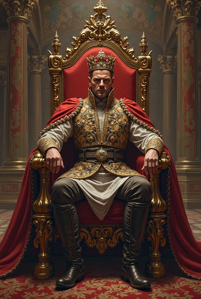 a powerful, handsome, and imposing emperor, with European features, wearing a crown, holding a scepter and sitting on a throne with a falcon.