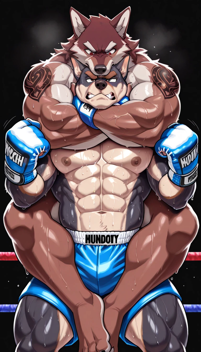 Super muscular boar beastman,(Wear a uniform:1.2),Blindfold,Painful expression,Mouth open and tongue out,Getting cumshot in the face by some guys,(Surrounded by huge, red and black erect penises),(A large amount of semen all over the face:1.3),Pro wrestling,On all fours,sixty nine