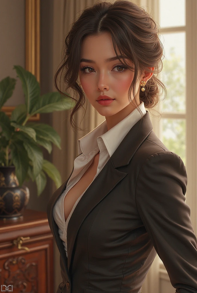 Lucy Pinder, Face portrait, smiling, brown hair, hair tied in a chignon, red lipstick, black suit, cleavage, Hailee Steinfeld