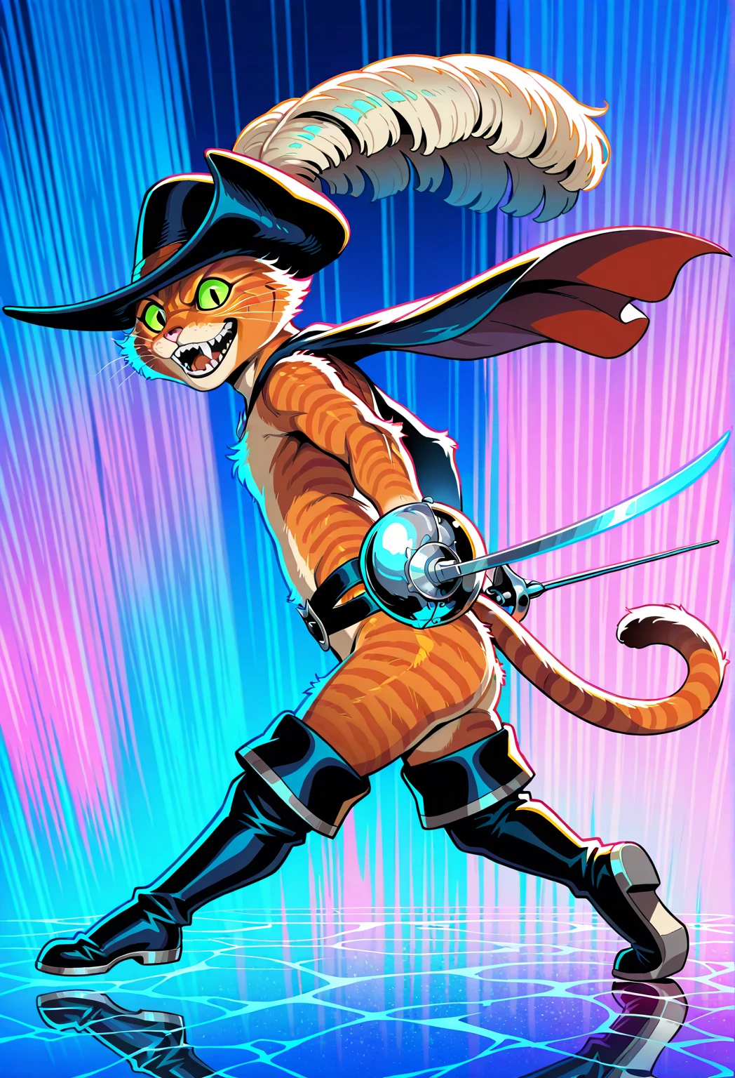 masterpiece,best quality,amazing quality, 1boy, solo, puss, cat, fur, colored sclera, cape, full body, cool pose, rapier, Better Eyes, detailed eyes, showing teeth, fangs, ((advanced background)), (right-side view), (Dynamic pose, 4K, HDR, vibrant color, dynamic color, better contrast,male, male, sharp teeth, looking at viewers).