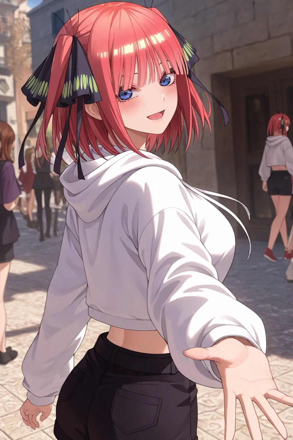 itsukinakano, Itsuki Nakano, bangs, blue eyes, Hair between the eyes, Ahoge, Redhead, star \(symbol\), hair ornaments, star hair ornaments,happy smile, smile, Open your mouth,blush,Akabuchi Glasses,Big Breasts,Long braids,One-shoulder sweater,Long skirt,Black pantyhose,short boots,Daytime,walking,whole bodyがイラストに入るように,crowd, people々々,
break indoors, Shopping mall,
break looking at viewer, whole body,
break (masterpiece:1.2), highest quality, High resolution, unity 8k wallpaper, (figure:0.8), (Beautiful fine details:1.6), Highly detailed face, Perfect lighting, Highly detailed CG, (Perfect hands, Perfect Anatomy),