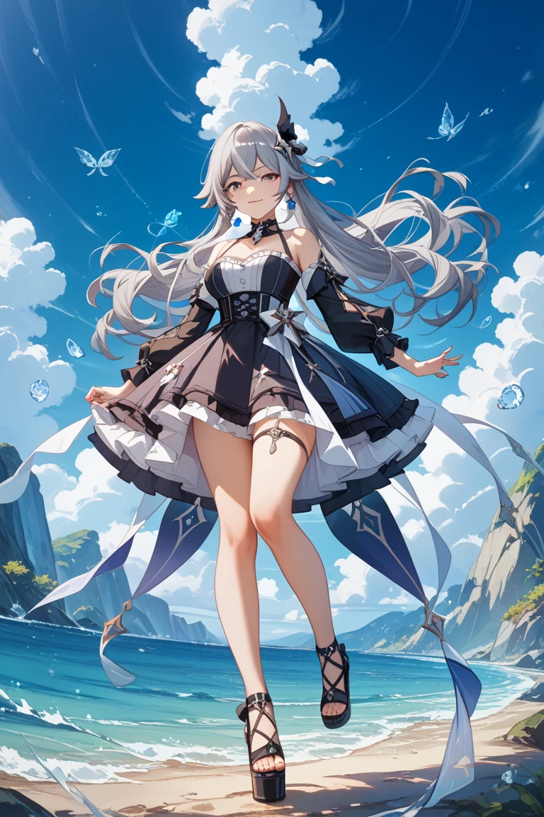 Woman standing on the beach, from below, sky, azure sea, standing by the sea, ((Bronya Zaichik Silverwing)), with one hand on her hip, as a character from Final Fantasy XIV, heeled boots, (Full body: 1.2), (Ultra detail: 1.3), Full body, (Golden ratio: 1.2), long silver hair, (white bra + dark blue dress + white coat)